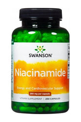 Swanson Niacinamide 250 mg supplement bottle, promoting energy and cardiovascular support, 250 capsules.